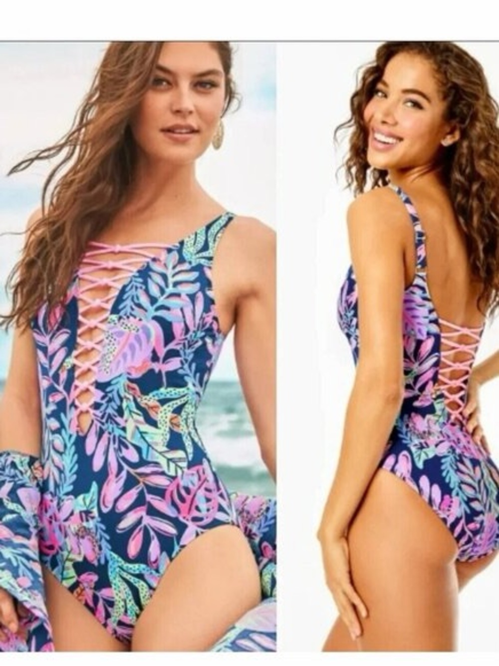 Lilly Pulitzer Swimsuit Isle Lattice Oyster Bay Navy You’ve Been Spotted Size 12